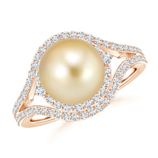 9mm AAAA Golden South Sea Cultured Pearl Ring with Double Halo in Rose Gold