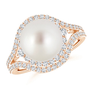 10mm AAA South Sea Cultured Pearl Split Shank Ring with Double Halo in Rose Gold