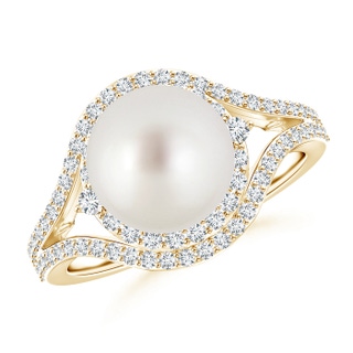 9mm AAA South Sea Cultured Pearl Split Shank Ring with Double Halo in Yellow Gold