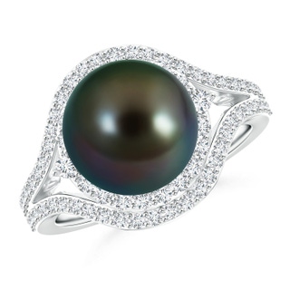10mm AAAA Tahitian Cultured Pearl Split Shank Ring with Double Halo in White Gold