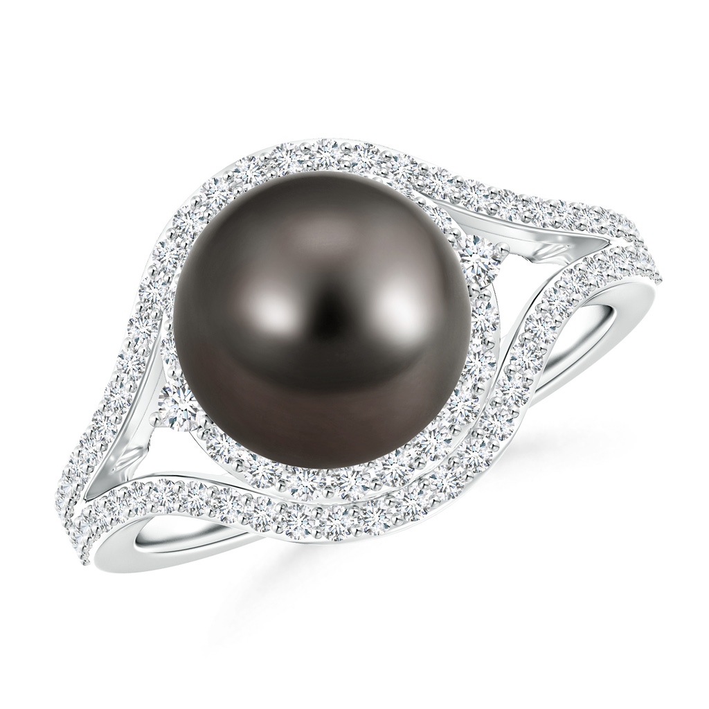 9mm AAA Tahitian Cultured Pearl Split Shank Ring with Double Halo in White Gold