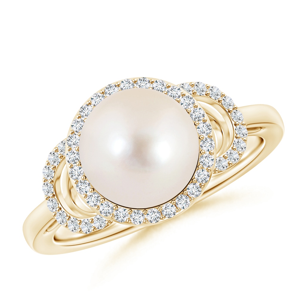 9mm AAAA Freshwater Pearl Halo Ring with Diamonds in Yellow Gold