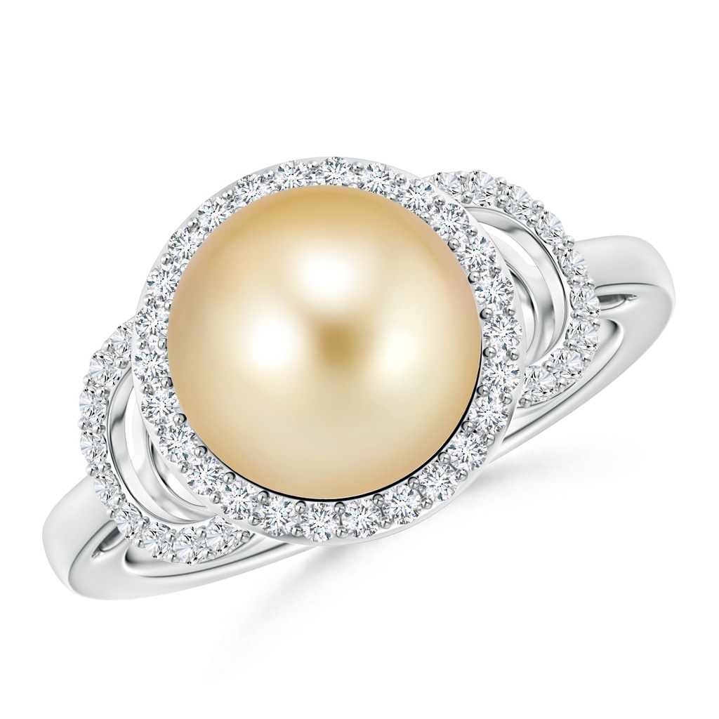 10mm AAAA Golden South Sea Cultured Pearl Halo Ring with Diamonds in White Gold