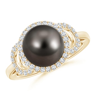 10mm AAA Tahitian Cultured Pearl Halo Ring with Diamonds in Yellow Gold