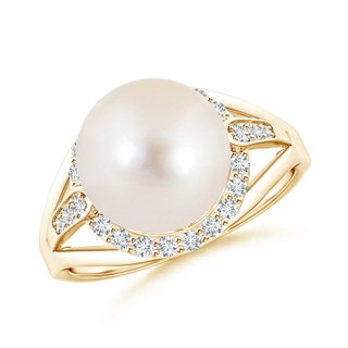 10mm AAAA Freshwater Cultured Pearl Ring with Diamond Halo in Yellow Gold