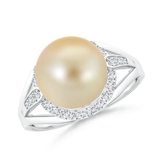 10mm AAA Golden South Sea Cultured Pearl Ring with Diamond Halo in White Gold