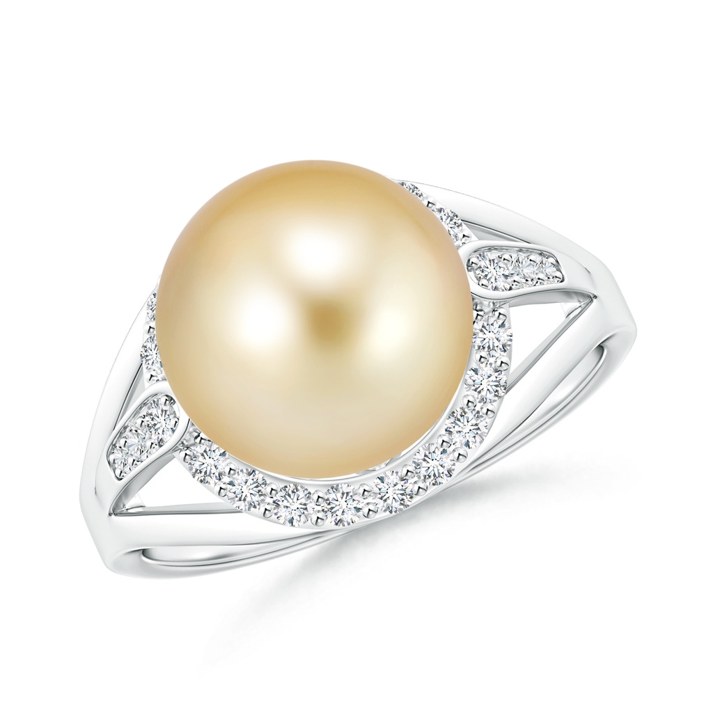 10mm AAAA Golden South Sea Cultured Pearl Ring with Diamond Halo in White Gold