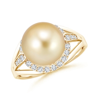 10mm AAAA Golden South Sea Cultured Pearl Ring with Diamond Halo in Yellow Gold