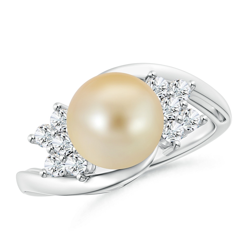 9mm AAA Golden South Sea Cultured Pearl Floral Ring with Diamonds in White Gold
