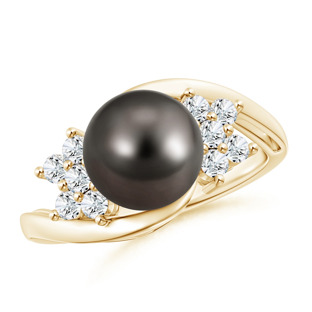 9mm AAA Tahitian Cultured Pearl Floral Ring with Diamonds in Yellow Gold