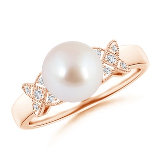 8mm AAA Akoya Cultured Pearl XO Ring with Diamonds in 9K Rose Gold
