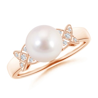 8mm AAAA Akoya Cultured Pearl XO Ring with Diamonds in Rose Gold