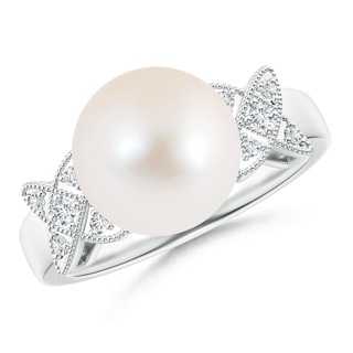 10mm AAA Freshwater Cultured Pearl XO Ring with Diamonds in White Gold