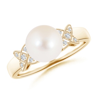 8mm AAA Freshwater Cultured Pearl XO Ring with Diamonds in Yellow Gold