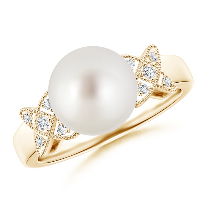 9mm AAA South Sea Pearl XO Ring with Diamonds in Yellow Gold 