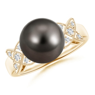 10mm AAA Tahitian Cultured Pearl XO Ring with Diamonds in Yellow Gold