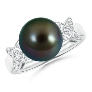 10mm AAAA Tahitian Cultured Pearl XO Ring with Diamonds in White Gold