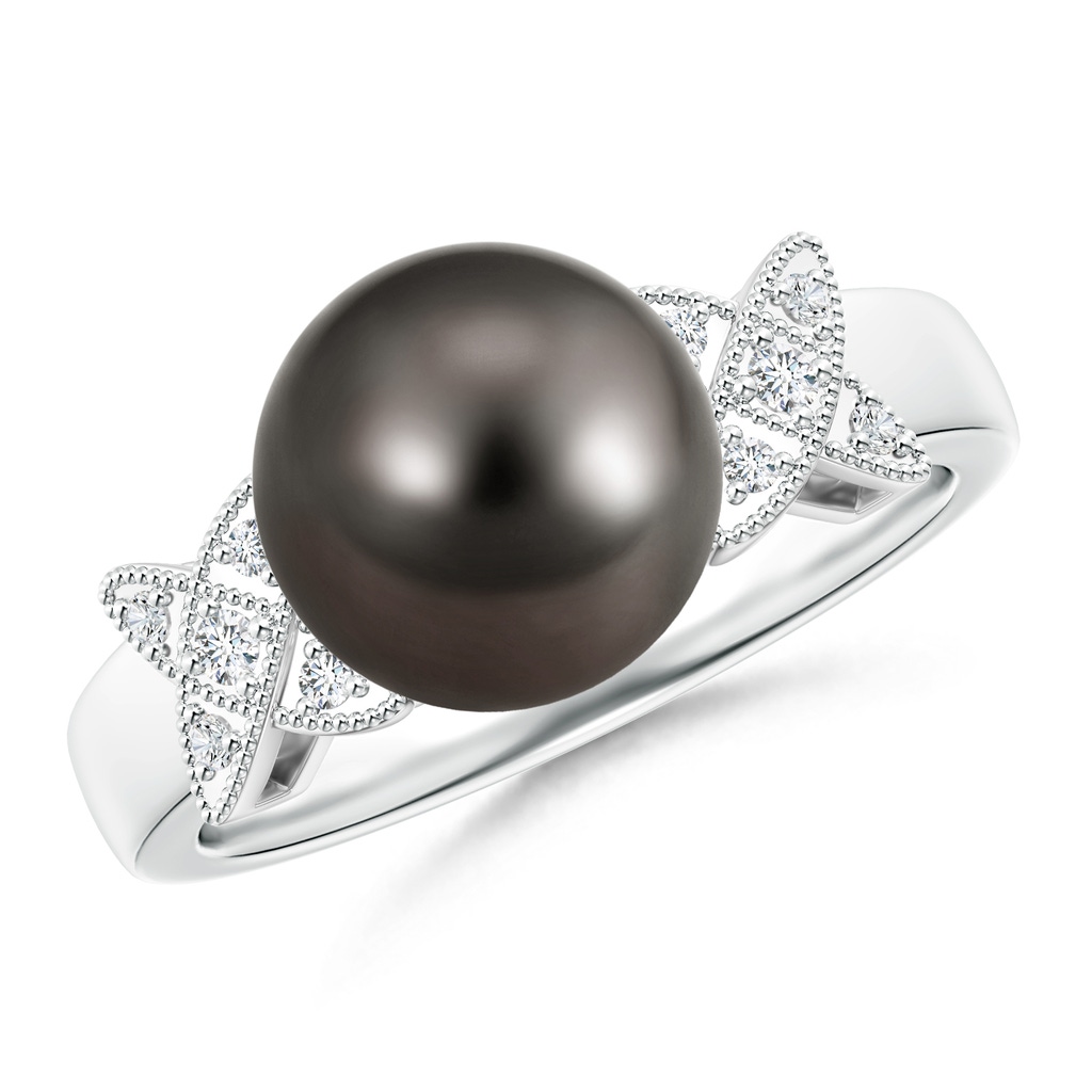 9mm AAA Tahitian Cultured Pearl XO Ring with Diamonds in White Gold