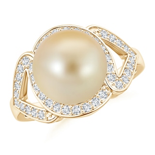 10mm AAA Golden South Sea Cultured Pearl Split Shank Halo Ring in Yellow Gold