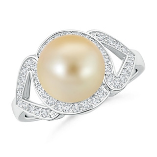 9mm AAA Golden South Sea Cultured Pearl Split Shank Halo Ring in White Gold