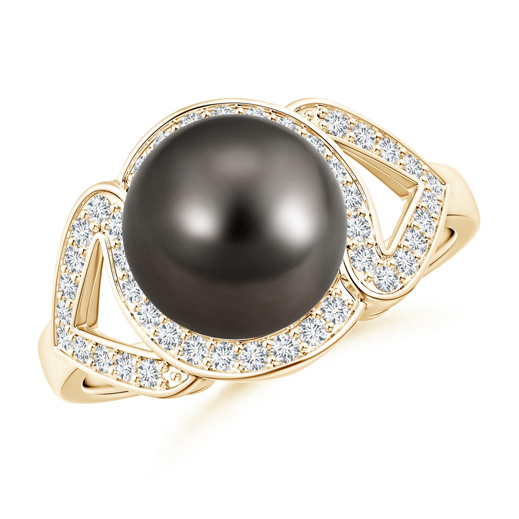 9mm AAA Tahitian Cultured Pearl Split Shank Halo Ring in Yellow Gold