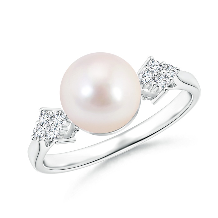8mm AAAA Akoya Cultured Pearl Ring with Clustre Diamond Accents in S999 Silver