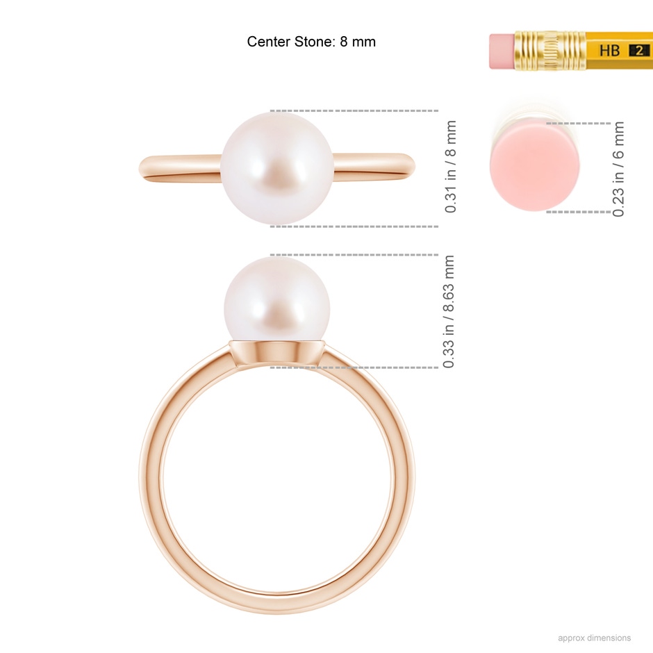 8mm AAA Classic Japanese Akoya Pearl Solitaire Ring in Rose Gold ruler