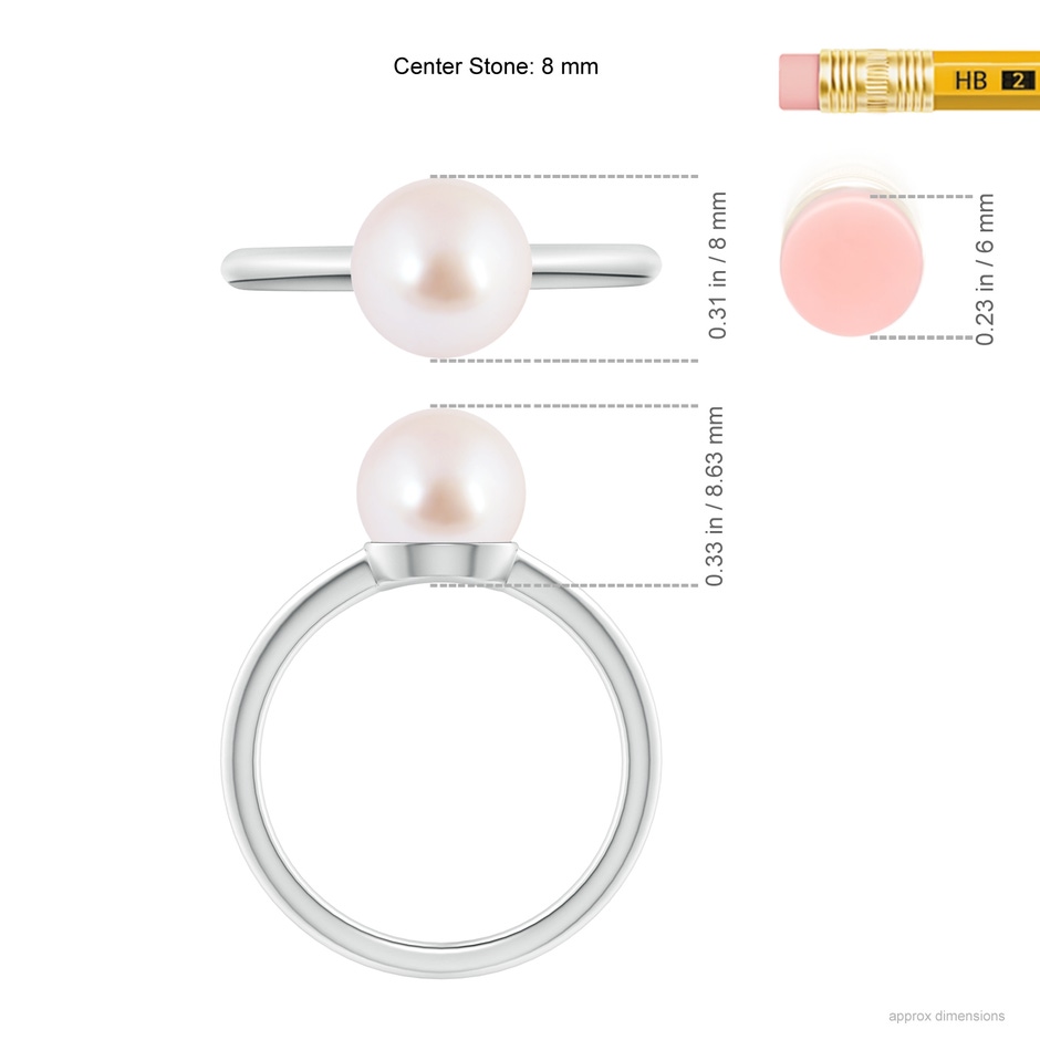 8mm AAA Classic Japanese Akoya Pearl Solitaire Ring in White Gold ruler