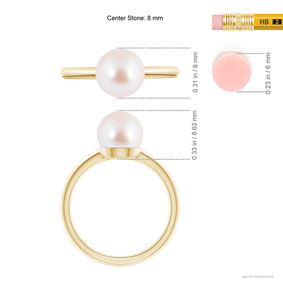 8mm AAA Classic Japanese Akoya Pearl Solitaire Ring in Yellow Gold ruler