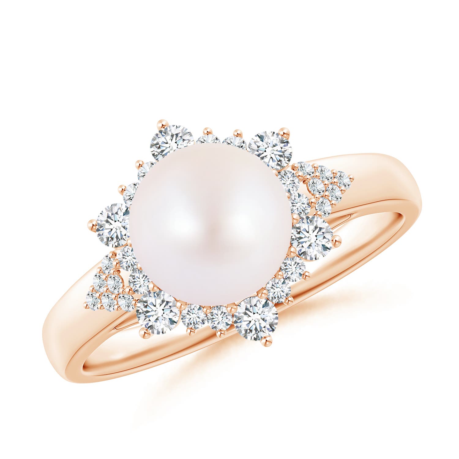 8mm AA Japanese Akoya Pearl Ring with Floral Diamond Halo in Rose Gold