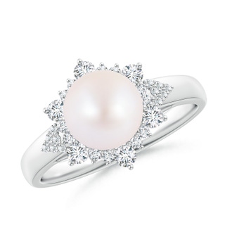 8mm AA Japanese Akoya Pearl Ring with Floral Diamond Halo in S999 Silver