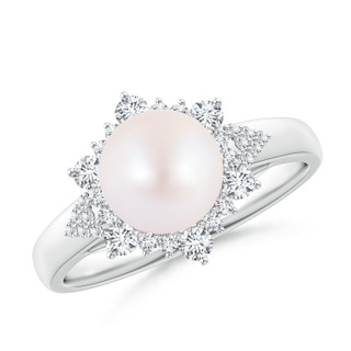 8mm AA Japanese Akoya Pearl Ring with Floral Diamond Halo in White Gold