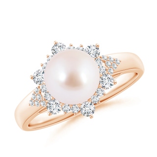 8mm AAA Japanese Akoya Pearl Ring with Floral Diamond Halo in 9K Rose Gold