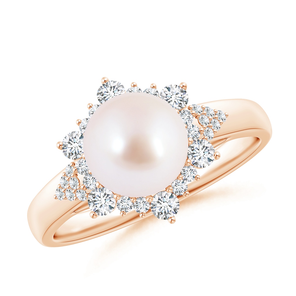 8mm AAA Japanese Akoya Pearl Ring with Floral Diamond Halo in Rose Gold