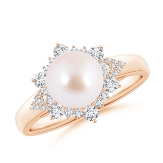8mm AAA Japanese Akoya Pearl Ring with Floral Diamond Halo in Rose Gold