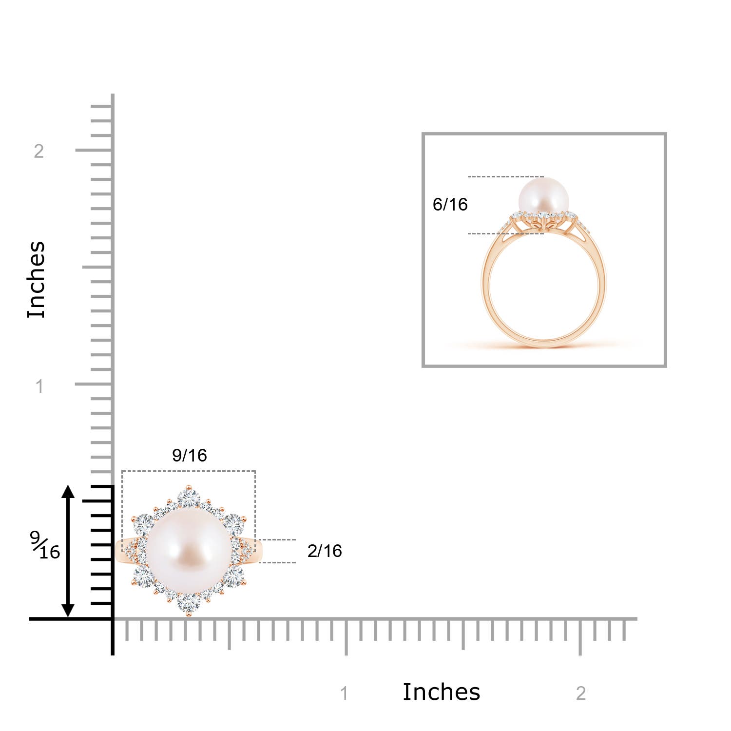 8mm AAA Japanese Akoya Pearl Ring with Floral Diamond Halo in Rose Gold - ruler
