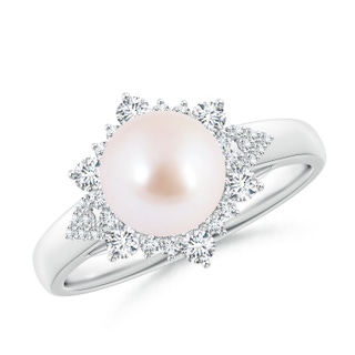 8mm AAA Japanese Akoya Pearl Ring with Floral Diamond Halo in S999 Silver