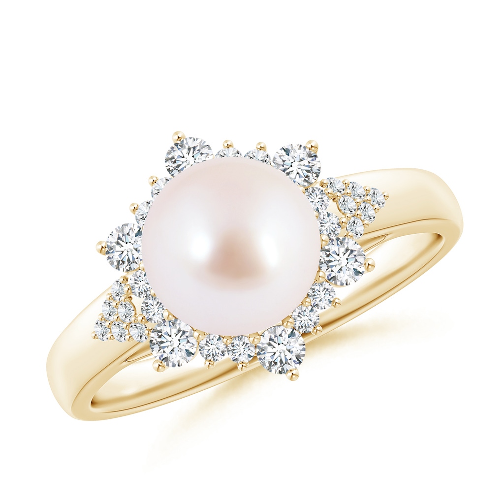 8mm AAA Japanese Akoya Pearl Ring with Floral Diamond Halo in Yellow Gold