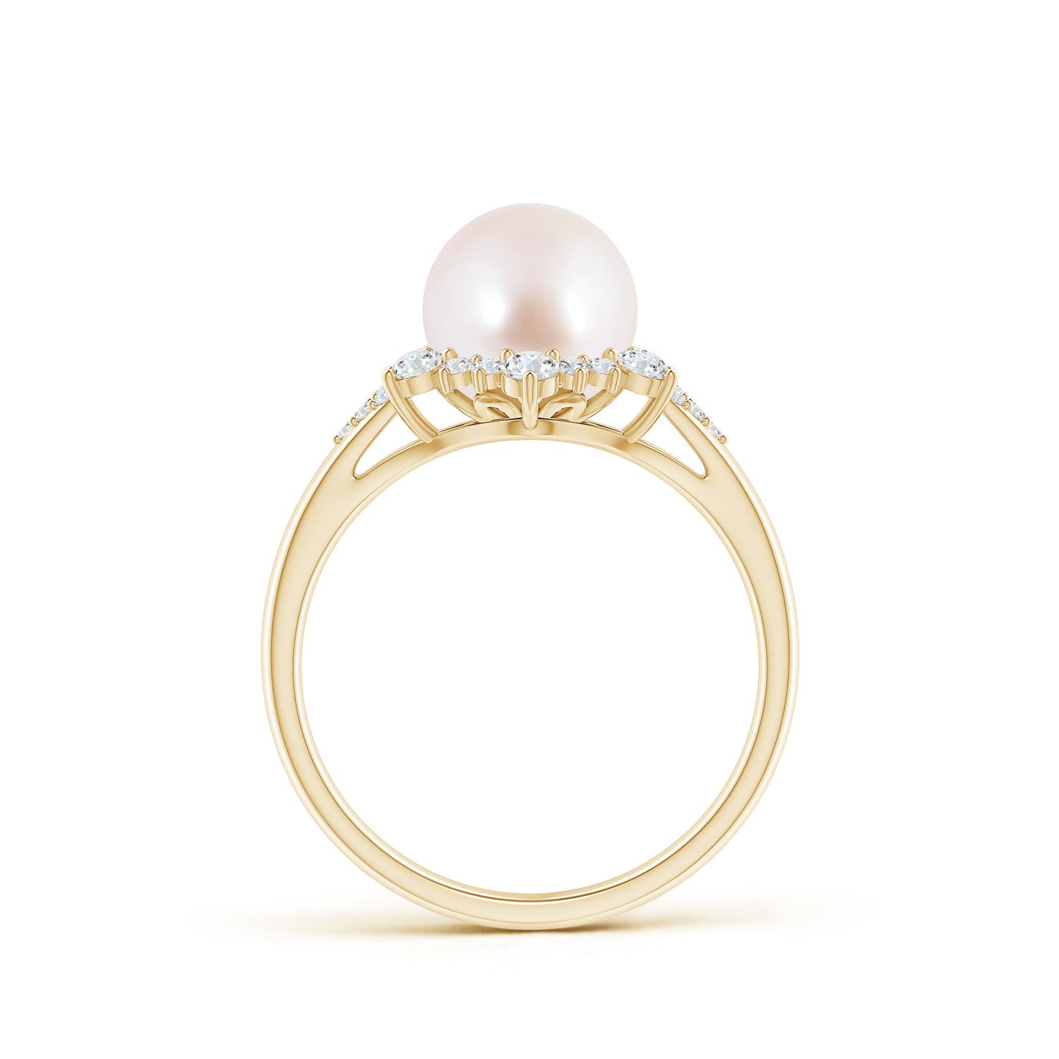 8mm AAA Japanese Akoya Pearl Ring with Floral Diamond Halo in Yellow Gold - side 1