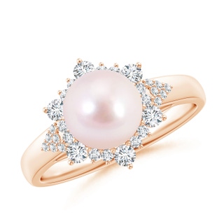 8mm AAAA Japanese Akoya Pearl Ring with Floral Diamond Halo in Rose Gold