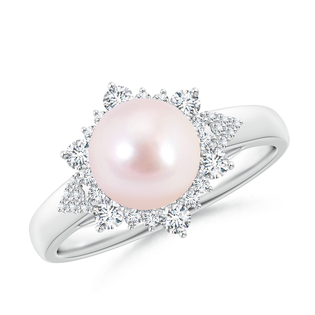 8mm AAAA Japanese Akoya Pearl Ring with Floral Diamond Halo in S999 Silver
