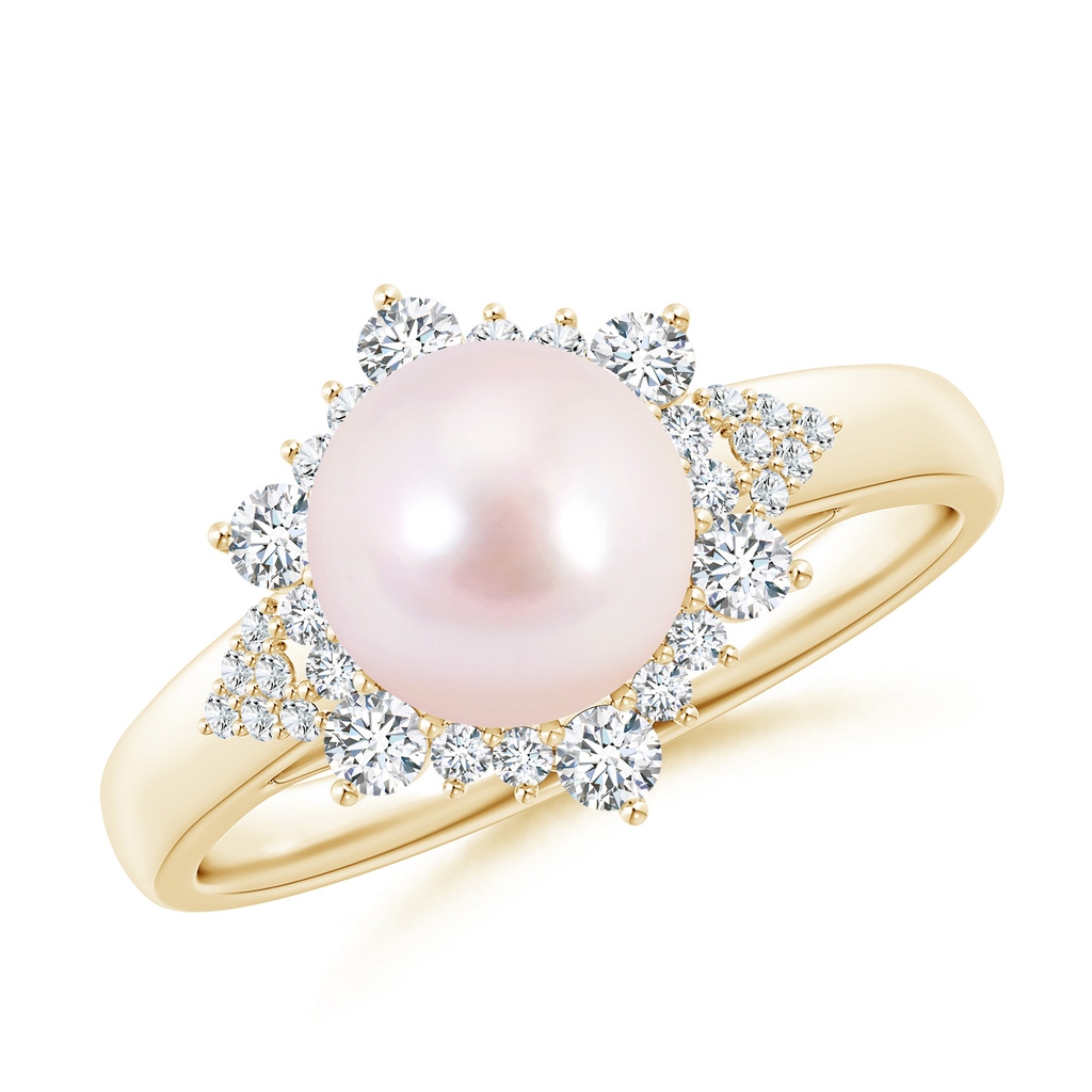 8mm AAAA Japanese Akoya Pearl Ring with Floral Diamond Halo in Yellow Gold