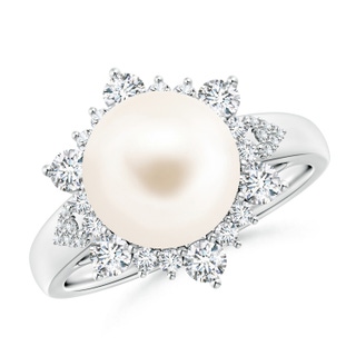 10mm AAA Freshwater Cultured Pearl Ring with Floral Diamond Halo in White Gold