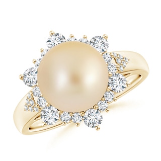 10mm AA Golden South Sea Cultured Pearl Ring with Floral Diamond Halo in Yellow Gold