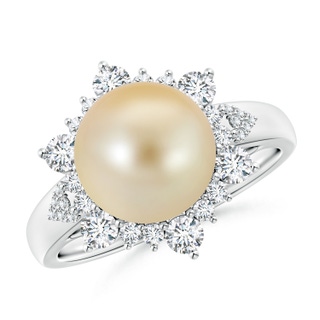 10mm AAA Golden South Sea Cultured Pearl Ring with Floral Diamond Halo in White Gold