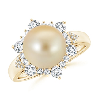 10mm AAA Golden South Sea Cultured Pearl Ring with Floral Diamond Halo in Yellow Gold