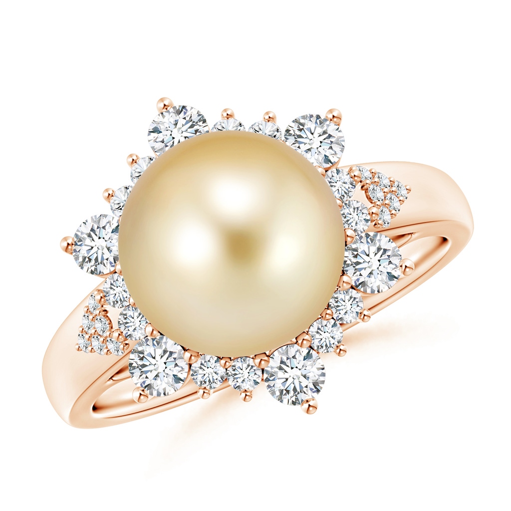 10mm AAAA Golden South Sea Cultured Pearl Ring with Floral Diamond Halo in Rose Gold