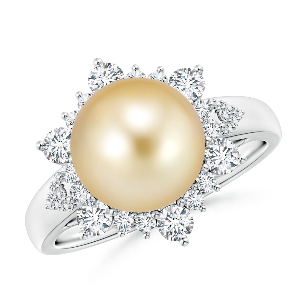 10mm AAAA Golden South Sea Cultured Pearl Ring with Floral Diamond Halo in White Gold