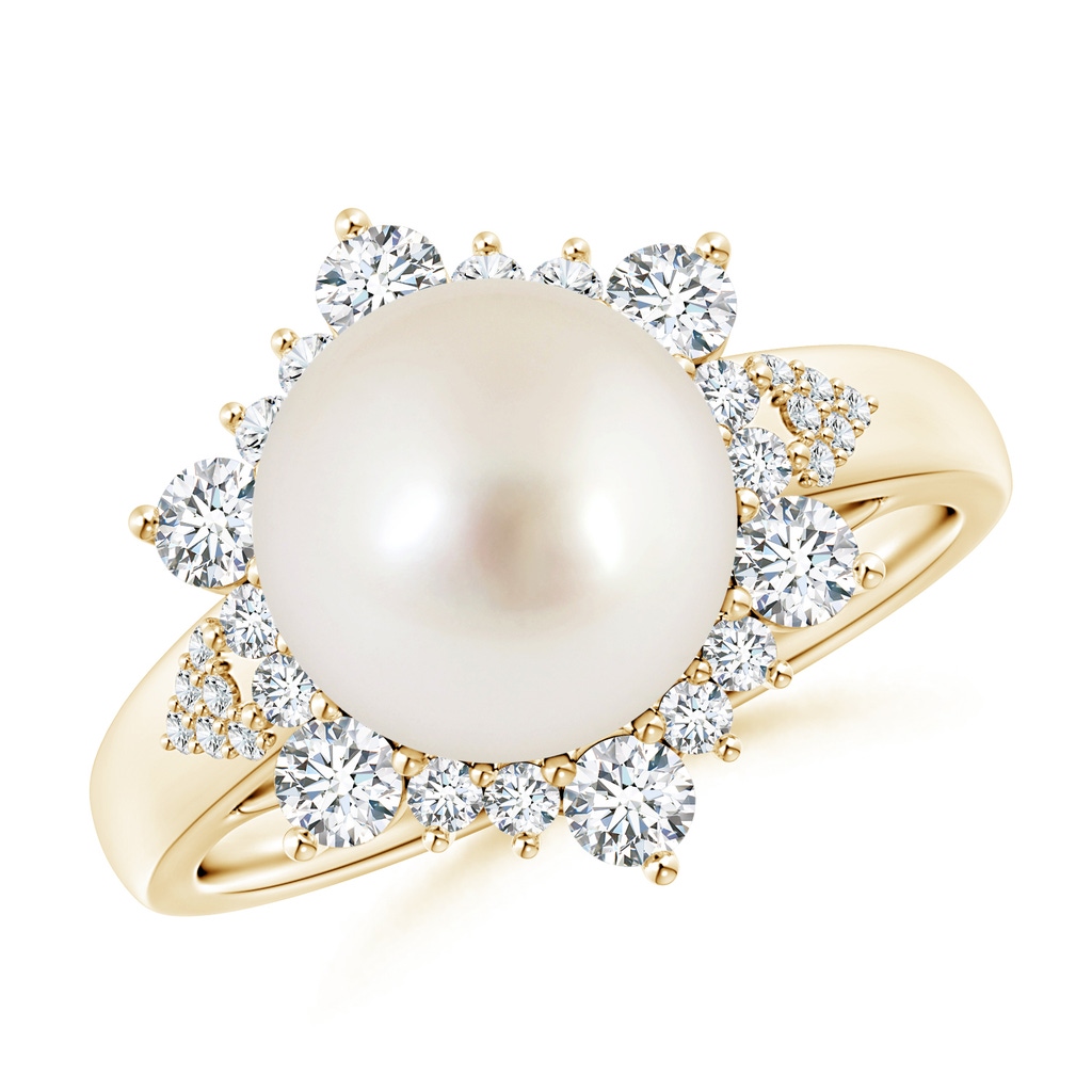 10mm AAAA South Sea Cultured Pearl Ring with Floral Diamond Halo in Yellow Gold