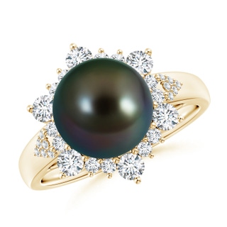 10mm AAAA Tahitian Pearl Ring with Floral Diamond Halo in Yellow Gold